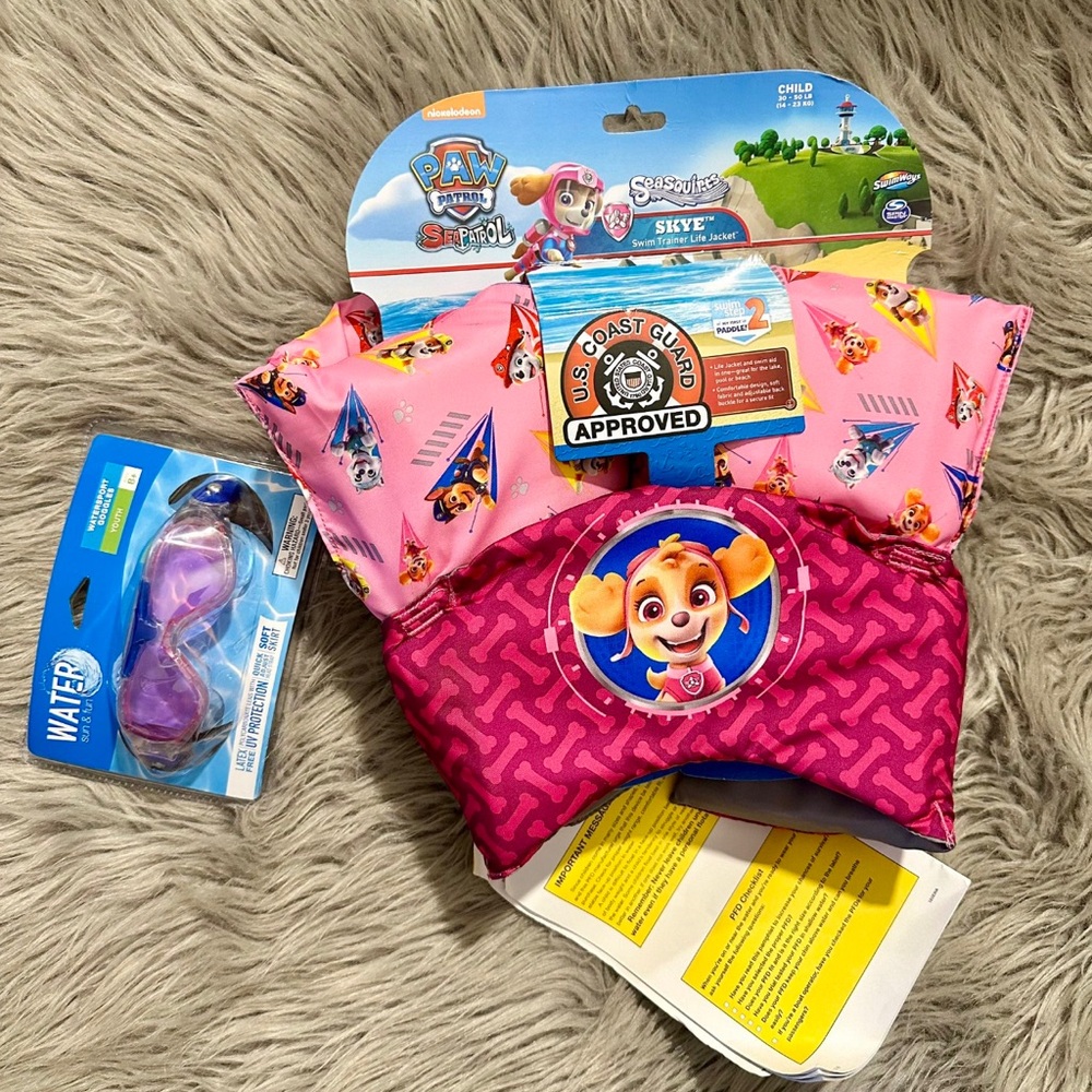 NEW pink Paw Patrol kid children girl Life Jacket & kid goggles 8+ for girls